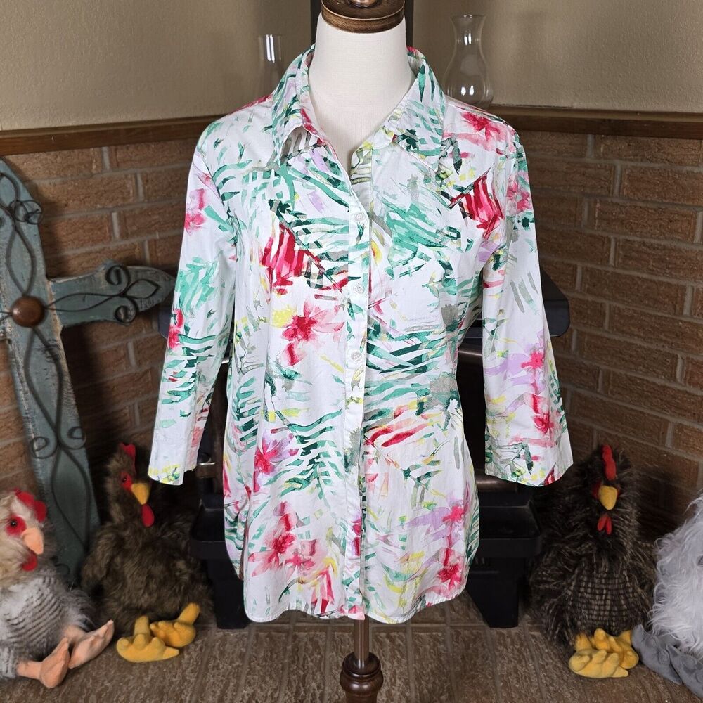 Investments White Button Front Blouse Watercolor Floral Tropical Designs Size 14 - Picture 2 of 6